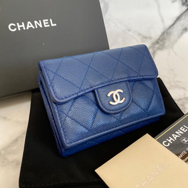 【美品☆レア】CHANEL ミニウォレットキャビアスキン / ブルーココマーク