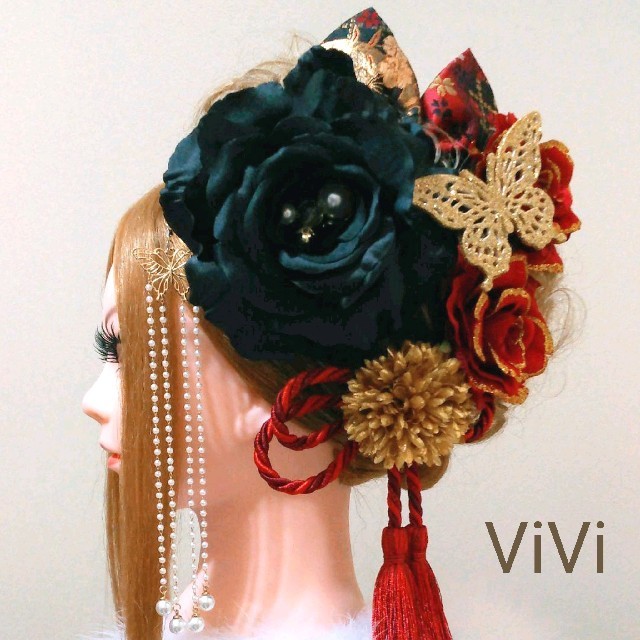 髪飾りViVi ～キラキラ蝶&簪・黒×赤薔薇～ 成人式 結婚式 花魁 