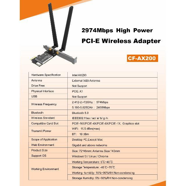 無線アダプタ　AX200　WiFi6　2974Mbps　Bluetooth5.0