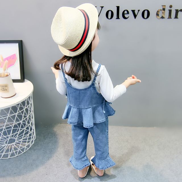80/90/100/110 フリルデニムコーデ3点セットアップ子供Tシャツパンツ