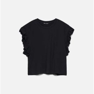 ザラ(ZARA)の♡新品　タグ付き　ZARA フリル付きTシャツ　ブラック　M♡(Tシャツ(半袖/袖なし))