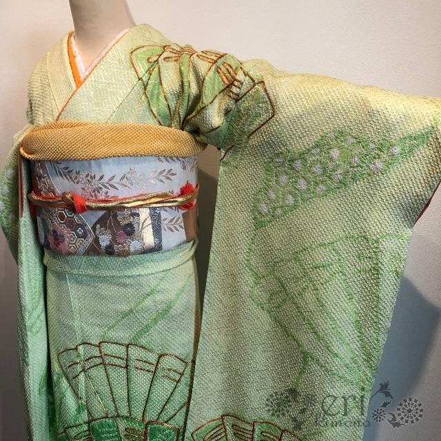 逸品!総絞り】♡黄緑グラデーション♡金駒刺繍♡扇柄 逸品!総絞り】♡黄緑グラデーション♡金駒刺繍♡扇柄