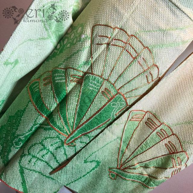 逸品!総絞り】♡黄緑グラデーション♡金駒刺繍♡扇柄 逸品!総絞り】♡黄緑グラデーション♡金駒刺繍♡扇柄