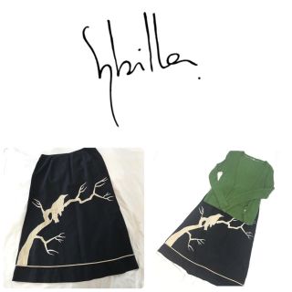 シビラ(Sybilla)の美品 シビラ sybilla 鳥柄 Aラインスカート おまけ付き(ひざ丈スカート)