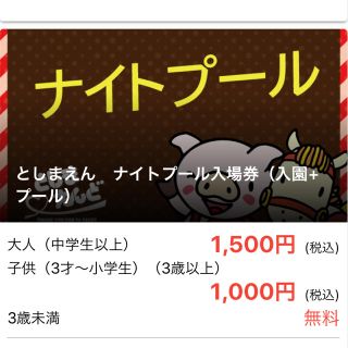 としまえん　ナイトプール入場券（入園+プール）8/30(日)大人2枚(プール)