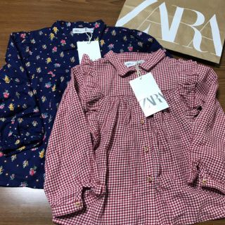 ザラキッズ(ZARA KIDS)のザラ104☺︎花柄&チェックフリルシャツ プチバトー、ラルフローレン好きにも(Tシャツ/カットソー)