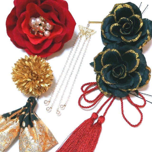髪飾りViVi ～赤×黒薔薇・豪華蝶のパール簪～ 成人式 結婚式 花魁 かんざし