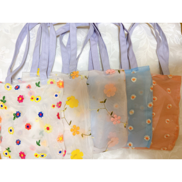 [B03]③ シースルー バッグ ハンドバッグ フラワー 花柄 刺繍 ブルー レディースのバッグ(トートバッグ)の商品写真
