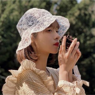 シースルー レース バケットハット オシャレ 白 帽子 韓国 花柄 INS風(ハット)