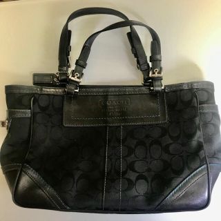 コーチ(COACH)のcoach ショルダーハンドバッグ 青ステッチ シグネチャー柄 美品(ショルダーバッグ)