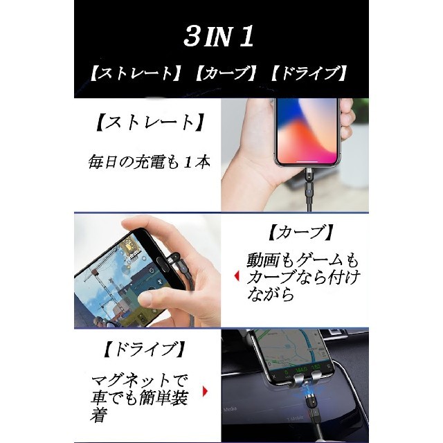 【高品質】360＋180回転 強力マグネットケーブル 3本セット まとめ売り