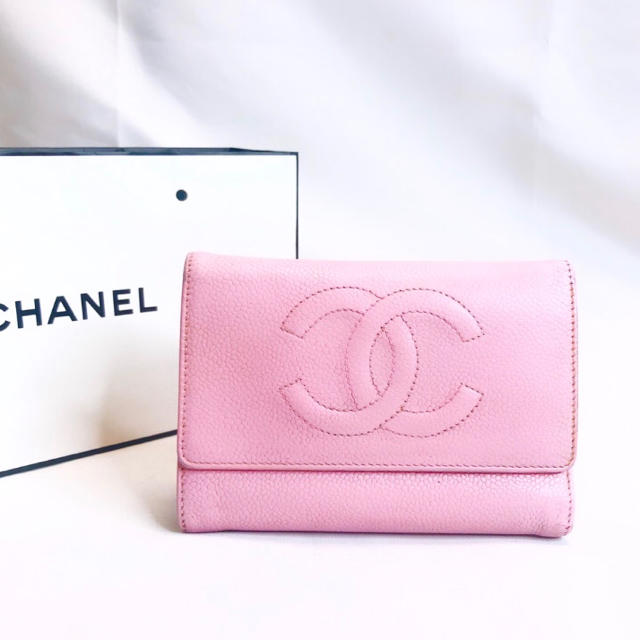 CHANEL シャネル 財布 キャビアスキン ピンク 二つ折り財布 - 財布