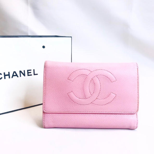 CHANEL シャネル 財布 キャビアスキン ピンク 二つ折り財布