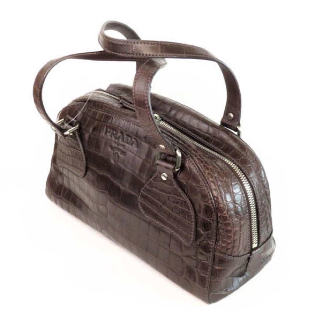 PRADA プラダ 最高級 クロコダイル レザーハンドバッグ 茶ブラウン PRADA プラダ 最高級 クロコダイル レザーハンドバッグ 茶ブラウン