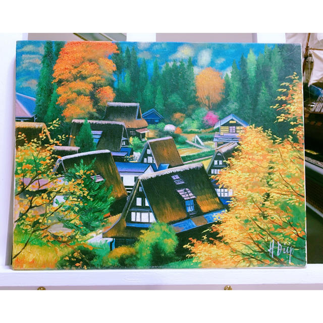 クリスマス村　風景画　油絵　絵画　インテリア