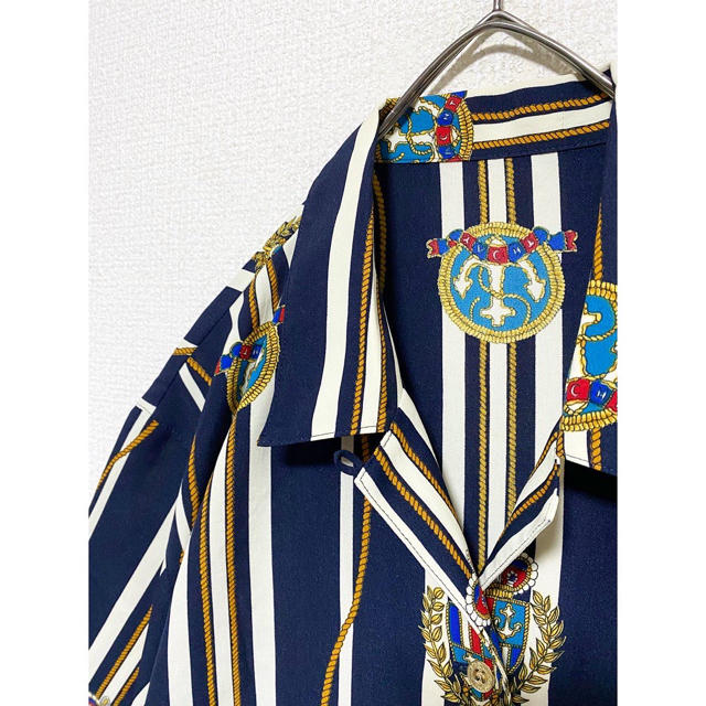 Yohji Yamamoto(ヨウジヤマモト)のvintage ヴィンテージ ネイビー レトロ 半袖 アート 王冠 総柄シャツ メンズのトップス(シャツ)の商品写真