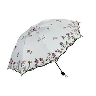 【新品】 晴雨兼用折りたたみ傘　UVカット　花柄　雨傘日傘（白/バラ色)(傘)