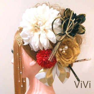 髪飾りViVi ～簪3本・白金黒赤の豪華和飾り～ 成人式 結婚式 花魁 かんざし(和装小物)