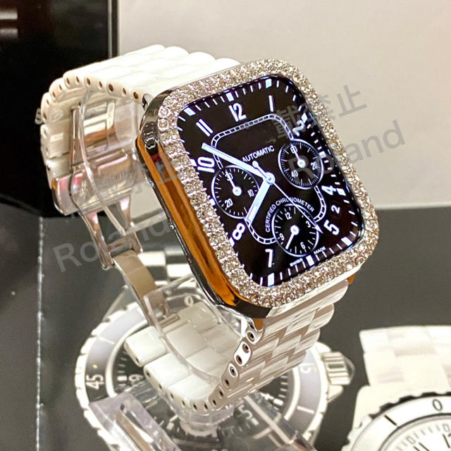 アップルウォッチ ダイヤカバー&ホワイトセラミックベルトセット