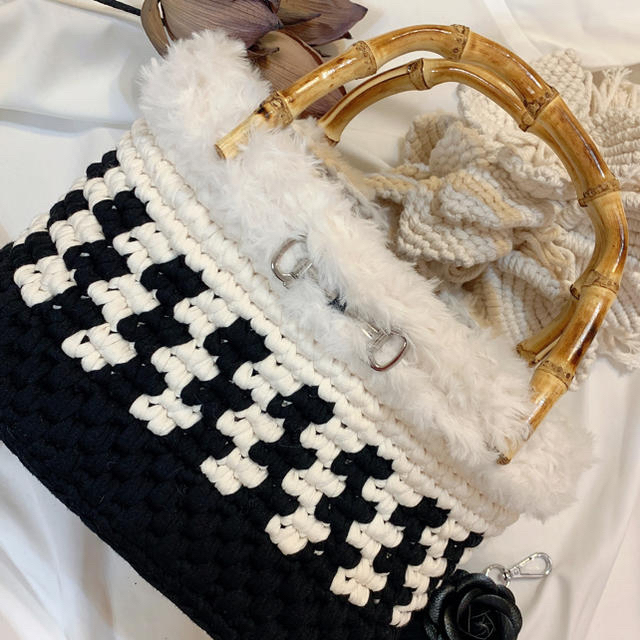 直売割 ズパゲッティ フリンジマルシェ Tヤーン バンブーバッグ バッグ ... L size★アルミバネ pukkuri chain bag