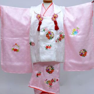 七五三 三歳 正絹 女児 被布着物フルセット 日本製 柄刺繍 NO27180(和服/着物)