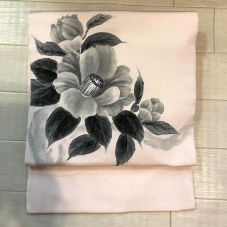 帯＊和装＊名古屋帯＊正絹＊塩瀬＊淡いピンク×手描きの椿＊上品素敵帯(帯)