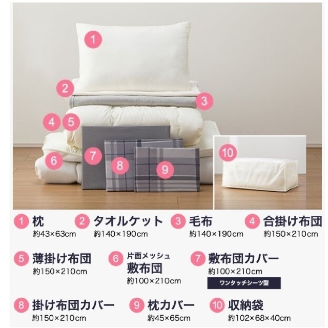 【新品未使用】一年中使える毛布・タオルケット付きふとん10点セットシングル寝具