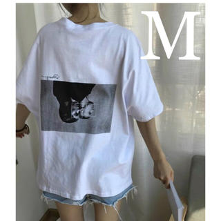 Tシャツ Ｍ デザイントップス レディース メンズライク 白 ロゴTシャツ 韓国(Tシャツ(半袖/袖なし))