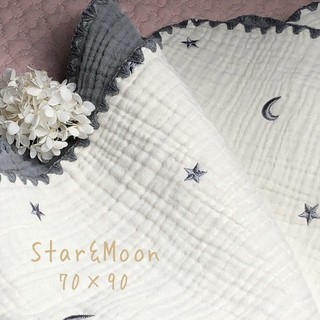 星と月ブルーグレー刺繍6重ガーゼケット おくるみ  韓国イブル  70× 90(おくるみ/ブランケット)
