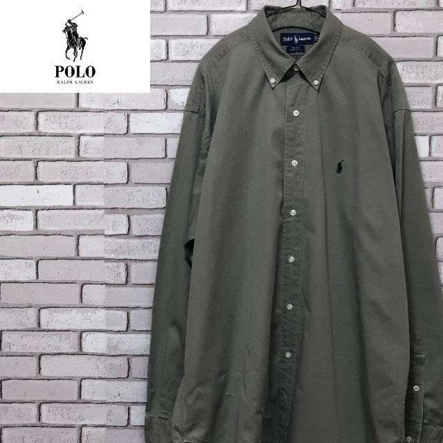 POLO RALPH LAUREN(ポロラルフローレン)の海外古着 Polo Ralph Lauren 長袖BDシャツ カーキ ロゴ入りL メンズのトップス(シャツ)の商品写真