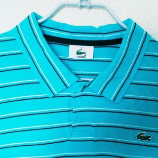 ラコステ(LACOSTE)のLACOSTE 半袖ポロシャツ ボーダー 文字ワニ 水色 サイズ4 (ポロシャツ)