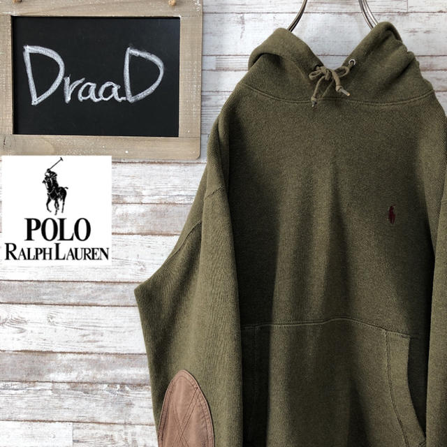 POLO RALPH LAUREN(ポロラルフローレン)の【古着】90s ポロ ラルフローレン エルボーパッチ パーカー カーキ L レディースのトップス(パーカー)の商品写真