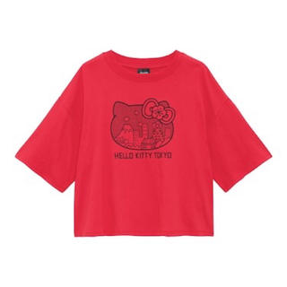 ハローキティ(ハローキティ)のGU/ジーユー サンリオ クロップドT 5分袖 ハローキティ レッド 赤 XS(Tシャツ(半袖/袖なし))