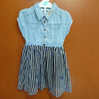 しょこたん様♡デニム シャツ シフォン ワンピ 120 ストライプ柄 ブルー(ワンピース)