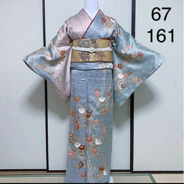 日本未発売】 訪問着 ブルーグレー 抽象的な花文 ぼかし染め 金彩加工