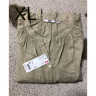 ユニクロ(UNIQLO)の新品　ユニクロ　コットンドビーペザントワンピース　7分袖　XL   ベージュ(ひざ丈ワンピース)