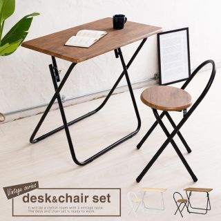 ヴィンテージデスク＆チェア 幅80cm 折りたたみ式 テーブル 机 イス セット(折たたみテーブル)
