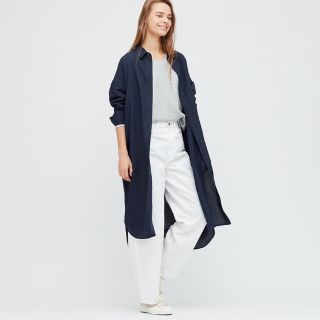 ユニクロ(UNIQLO)のUNIQLO リネンブレンドシャツワンピース　ブルー　L 新品未使用品(ロングワンピース/マキシワンピース)