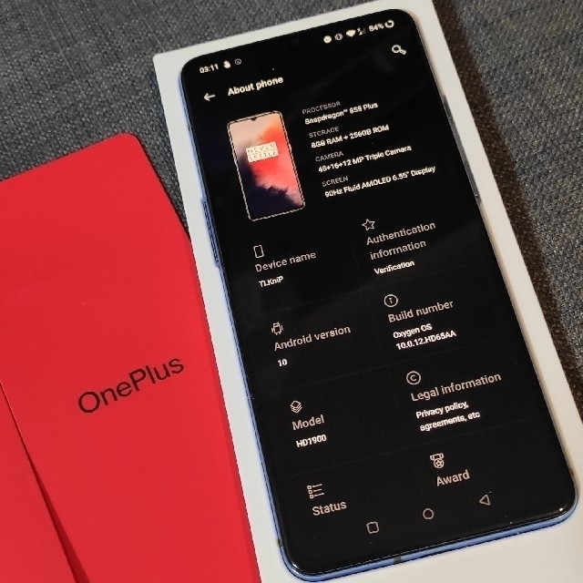 OnePlus 7T HD1900 8GB 256GBスマートフォン本体