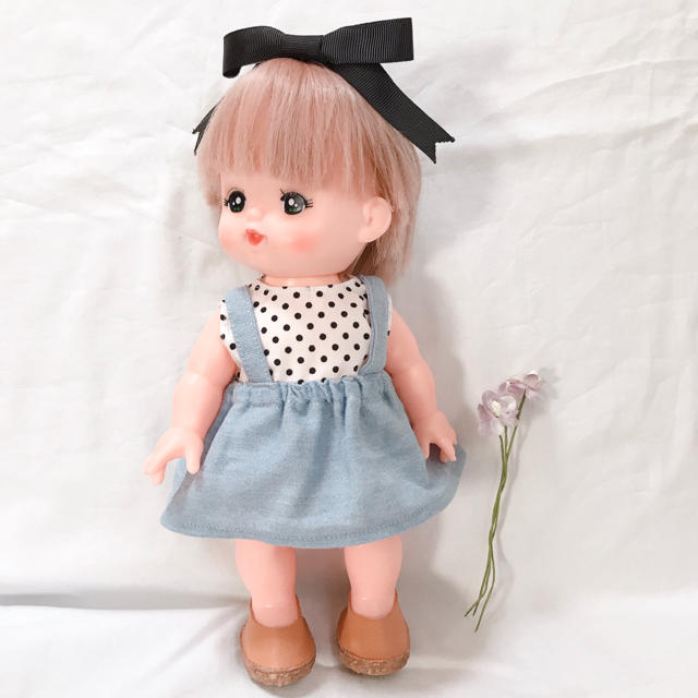 安売り メルちゃん ソランちゃん ハンドメイド服 メルちゃん服白T×黒ドット吊りスカート