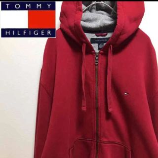 トミーヒルフィガー(TOMMY HILFIGER)のトミーヒルフィガー•ジップアップパーカー•刺繍ロゴ•レッド•tommy(パーカー)