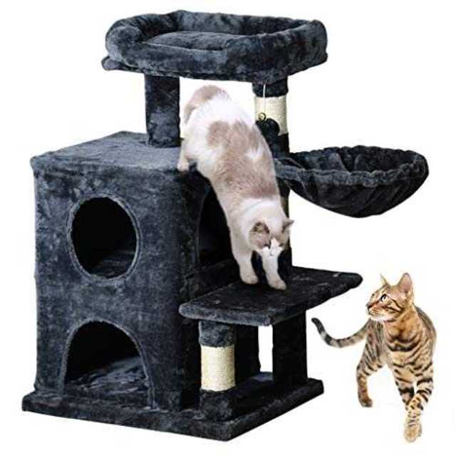 グレーMQUPIN コンパクト キャットタワー 小型 猫タワー 2つ猫ハウス ハ