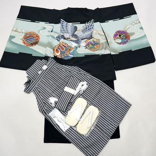 七五三 五歳 男児 羽織袴 フルセット 黒地 縞袴 袴変更可能 NO33533(和服/着物)