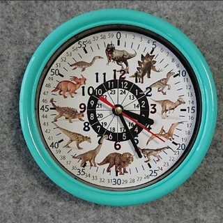 恐竜 24時間表記入り エメラルドグリーン枠 掛け時計(知育玩具)