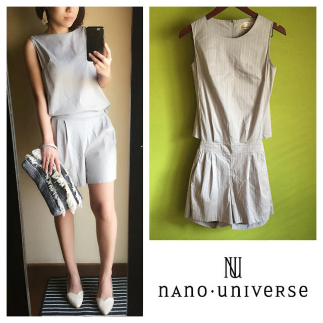 nano・universe(ナノユニバース)の着画 ストライプ グレー ハーフ 春 夏 レディースのパンツ(オールインワン)の商品写真