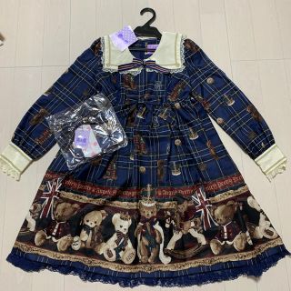 アンジェリックプリティー(Angelic Pretty)の3点セット Angelic Pretty ブリティッシュベアー ブルー(ひざ丈ワンピース)