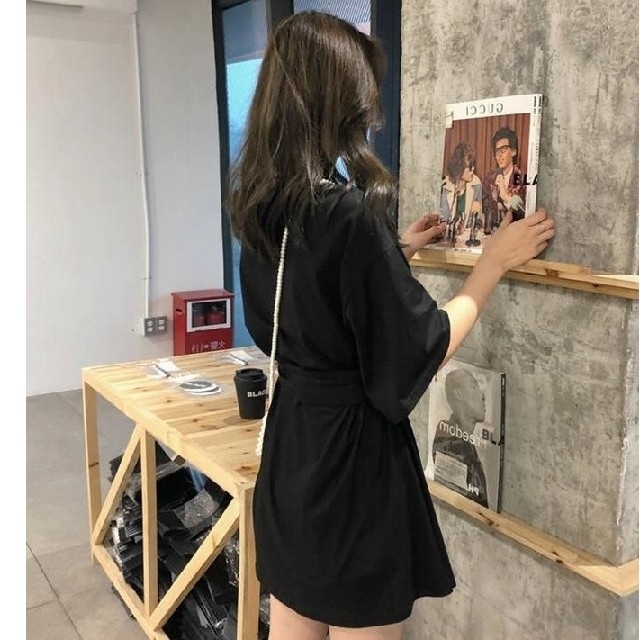 dholic(ディーホリック)の韓国ファッション　カットソーワンピース　ビッグサイズ　ウエストマーク　ブラック レディースのワンピース(ひざ丈ワンピース)の商品写真