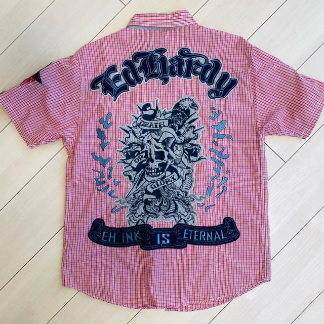 Ed Hardy(エドハーディー)のEd Hardy 半袖シャツ　チェック赤　メンズLサイズ　 メンズのトップス(シャツ)の商品写真