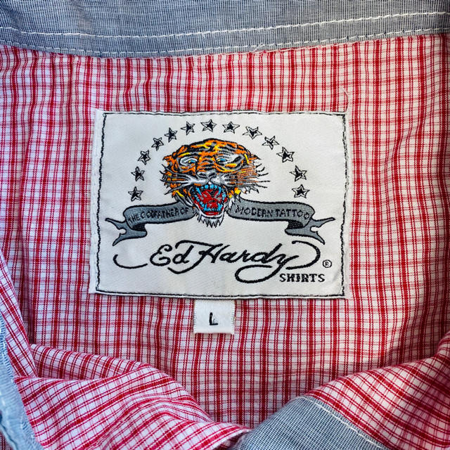 Ed Hardy(エドハーディー)のEd Hardy 半袖シャツ　チェック赤　メンズLサイズ　 メンズのトップス(シャツ)の商品写真