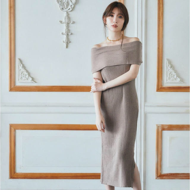 Off the shoulder Ribbed Knit Dress ひざ丈ワンピース